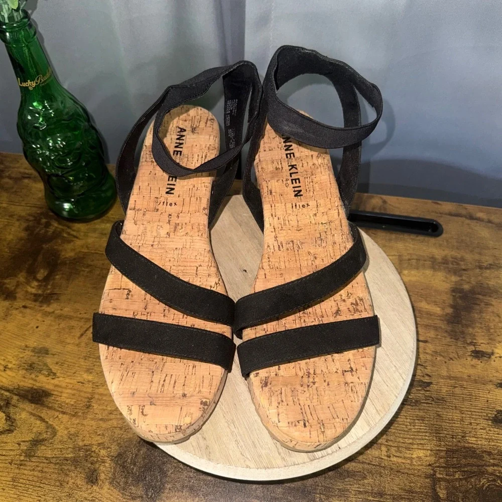 Anne Klein Akalyson Alyson Womens 10.5 M Black Cork Wedge Sandal Beachy Boho